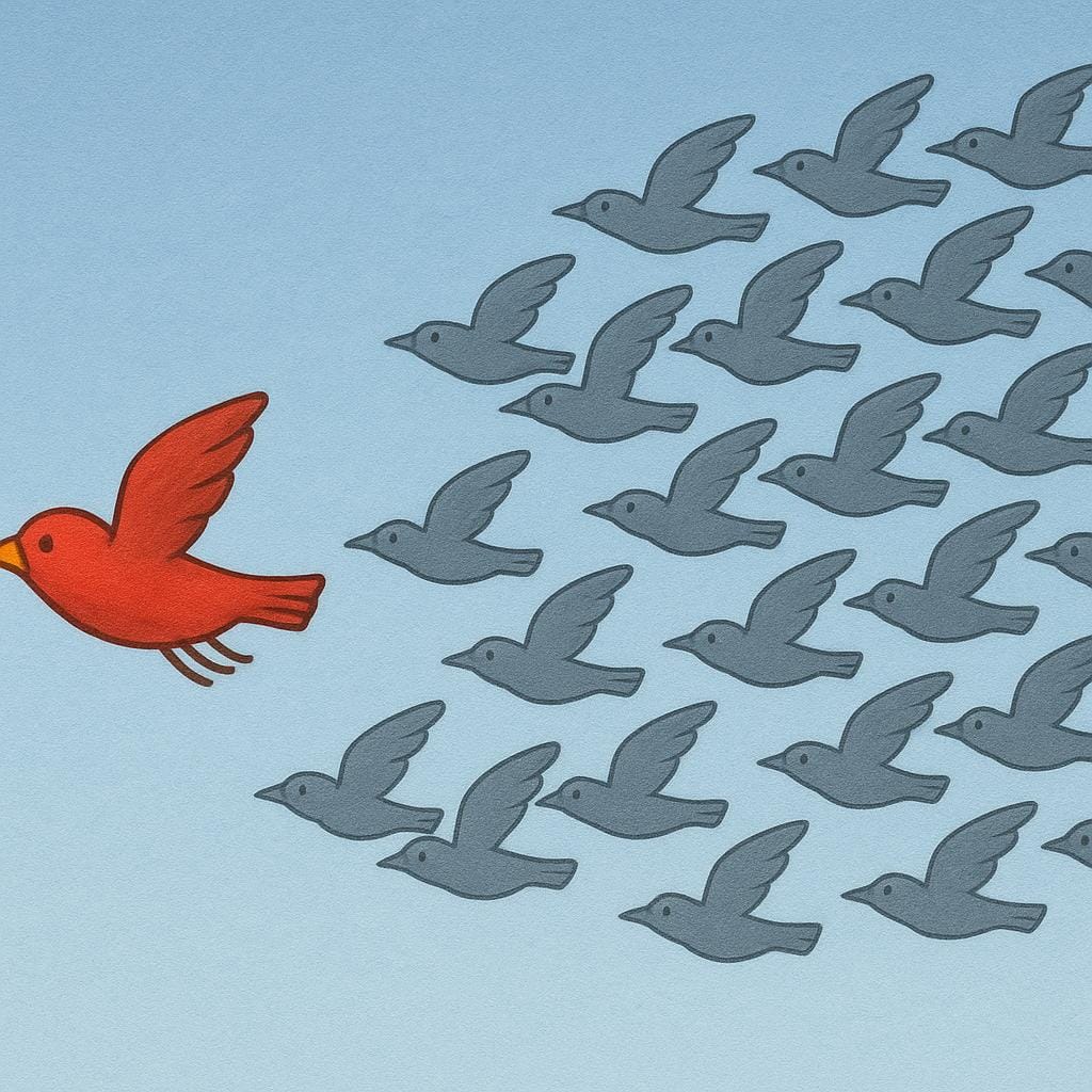 一列になって飛ぶ同じ灰色の鳥の群れとは反対方向に飛んでいる、小さくて明るい色の鳥。