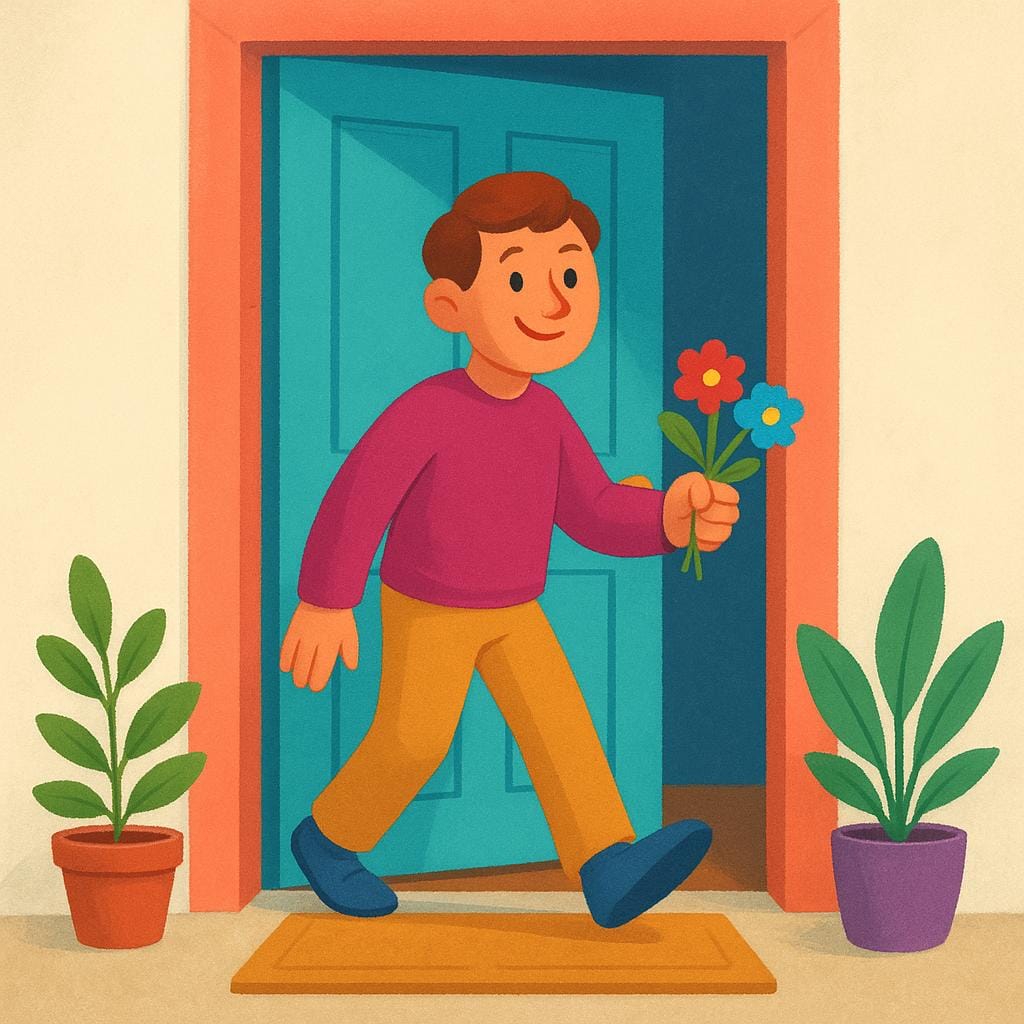 A simple storybook illustration showing a stylized character standing at an open, brightly colored front door, having just stepped across the threshold.
