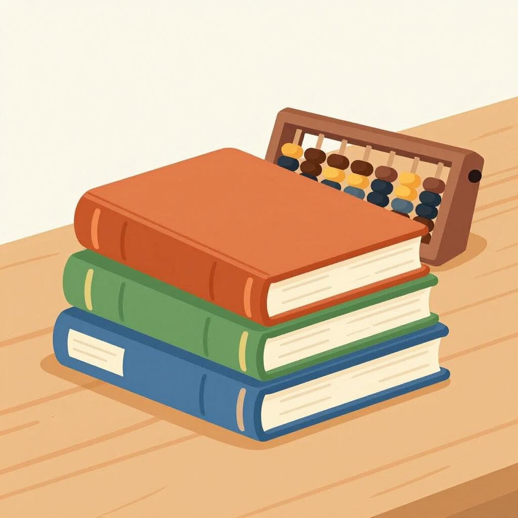 Une pile bien rangée de grands livres reliés en cuir et un boulier en bois sur un bureau propre.