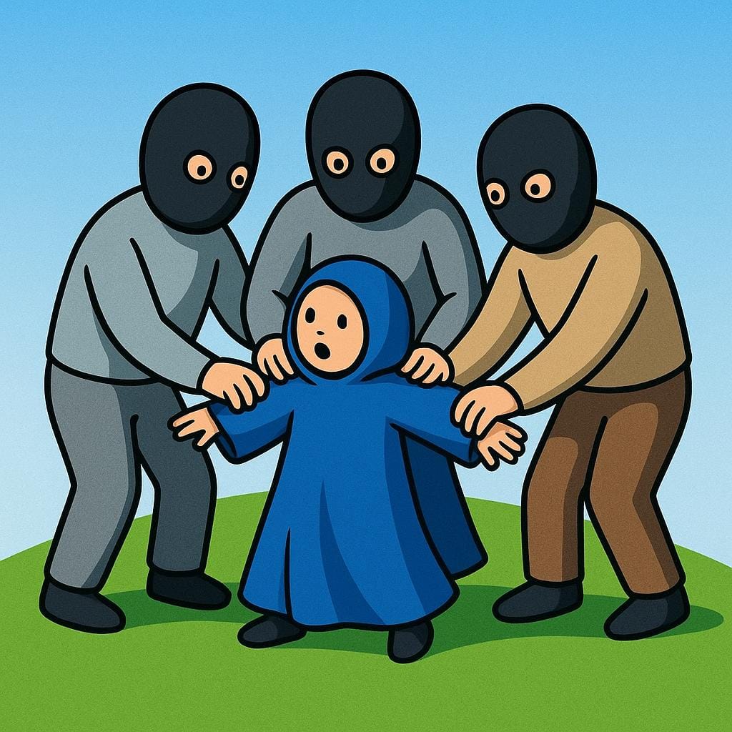 검은색 마스크를 쓴 세 명의 스타일화된 인물이 밝은 녹색 언덕에서 더 작은 파란색 망토를 입은 한 인물을 둘러싸고 제압하는 모습을 보여주는 단순한 동화 삽화입니다.