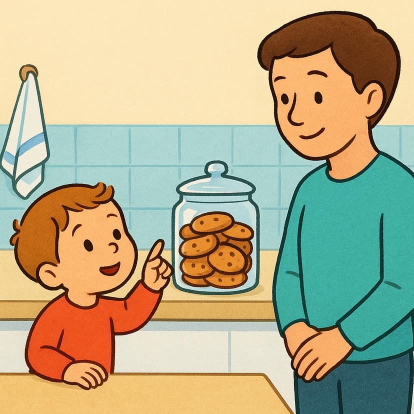 A colorful storybook illustration showing a small child standing and pointing decisively upward at a cookie jar placed on a high shelf, making a clear request gesture to an adult standing nearby.