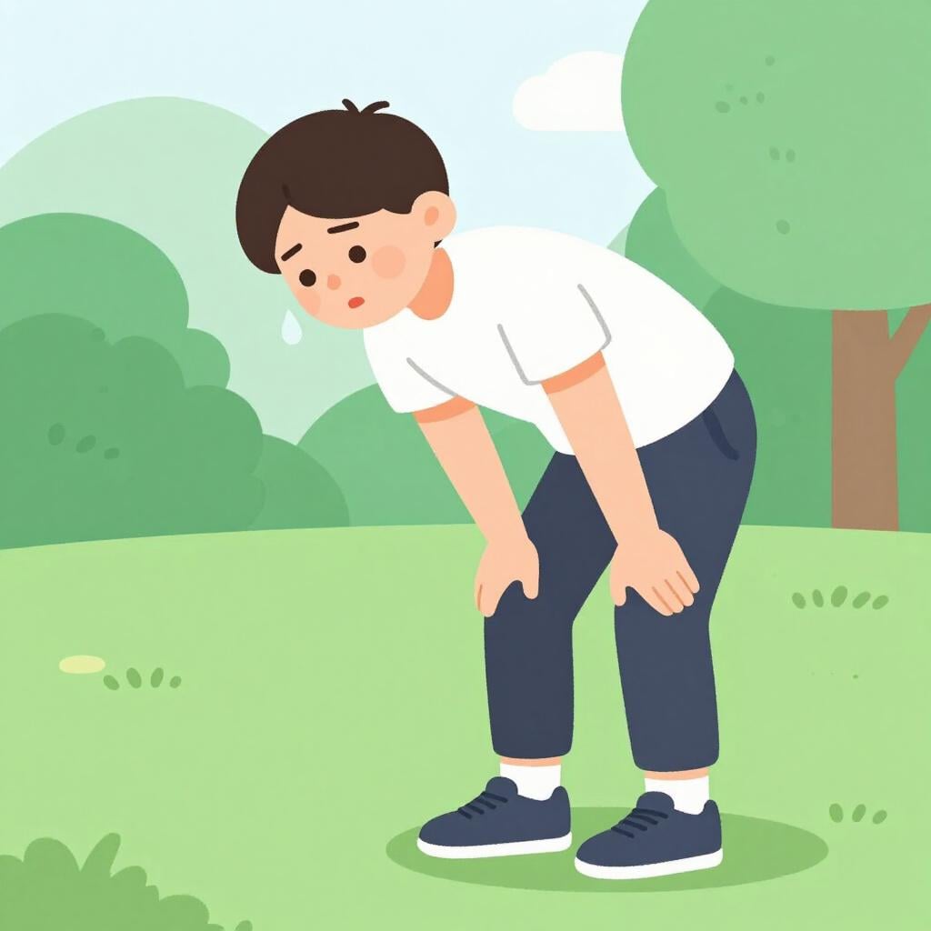 A colorful storybook illustration of a runner leaning forward with their hands on their knees, catching their breath after a run.