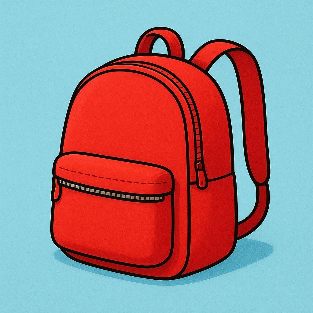 Una semplice illustrazione di uno zaino rosso vivo con spallacci visibili e una tasca anteriore.
