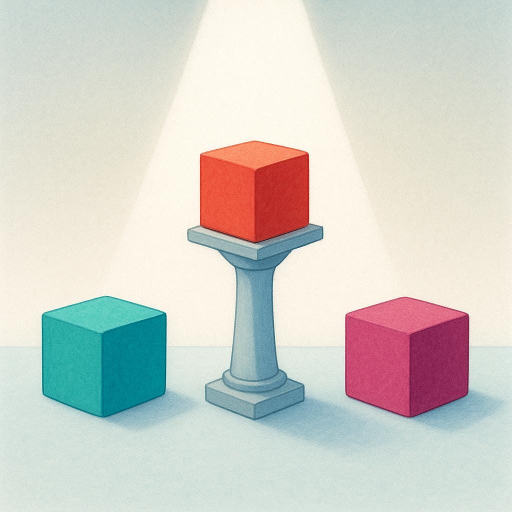 Eine einfache, farbenfrohe Illustration, die drei identische geometrische Formen zeigt, die auf einer niedrigen Plattform stehen. Die mittlere Form steht auf einem hohen Sockel und wird von einem hellen, fokussierten Scheinwerfer beleuchtet, was ihre vorrangige Bedeutung gegenüber den beiden flankierenden Formen signalisiert.
