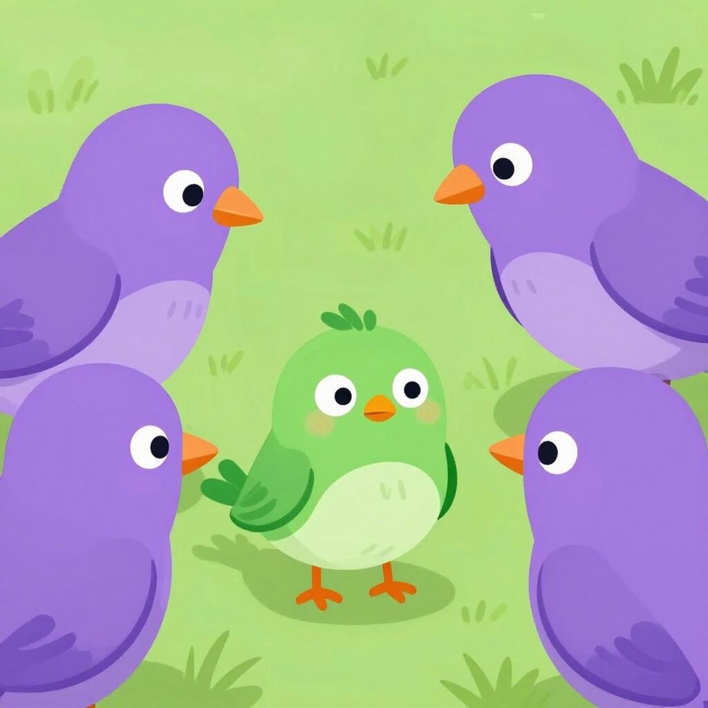 A small, nervous-looking bird being surrounded by several larger birds all leaning in towards it.