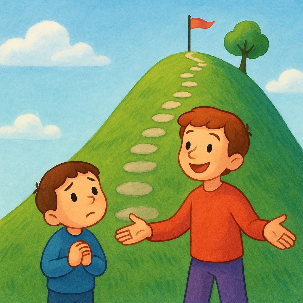An energetic cartoon character standing next to a hesitant character, pointing encouragingly toward the top of a steep, green hill, inspiring them to start climbing.