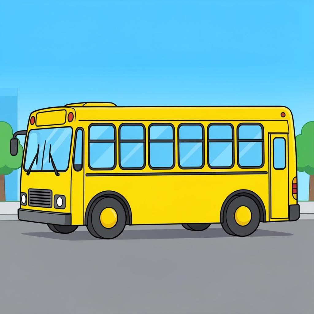 A bright yellow bus driving along a city street with several windows and large wheels.