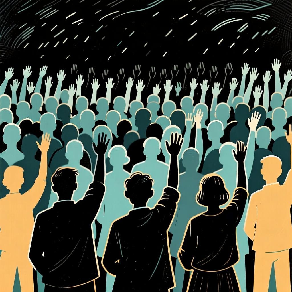 Out of a large crowd of people, only a few are raising their hands, representing the pronoun 'few'.