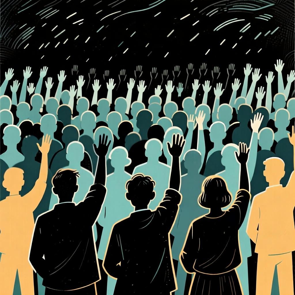 Out of a large crowd of people, only a few are raising their hands, representing the pronoun 'few'.