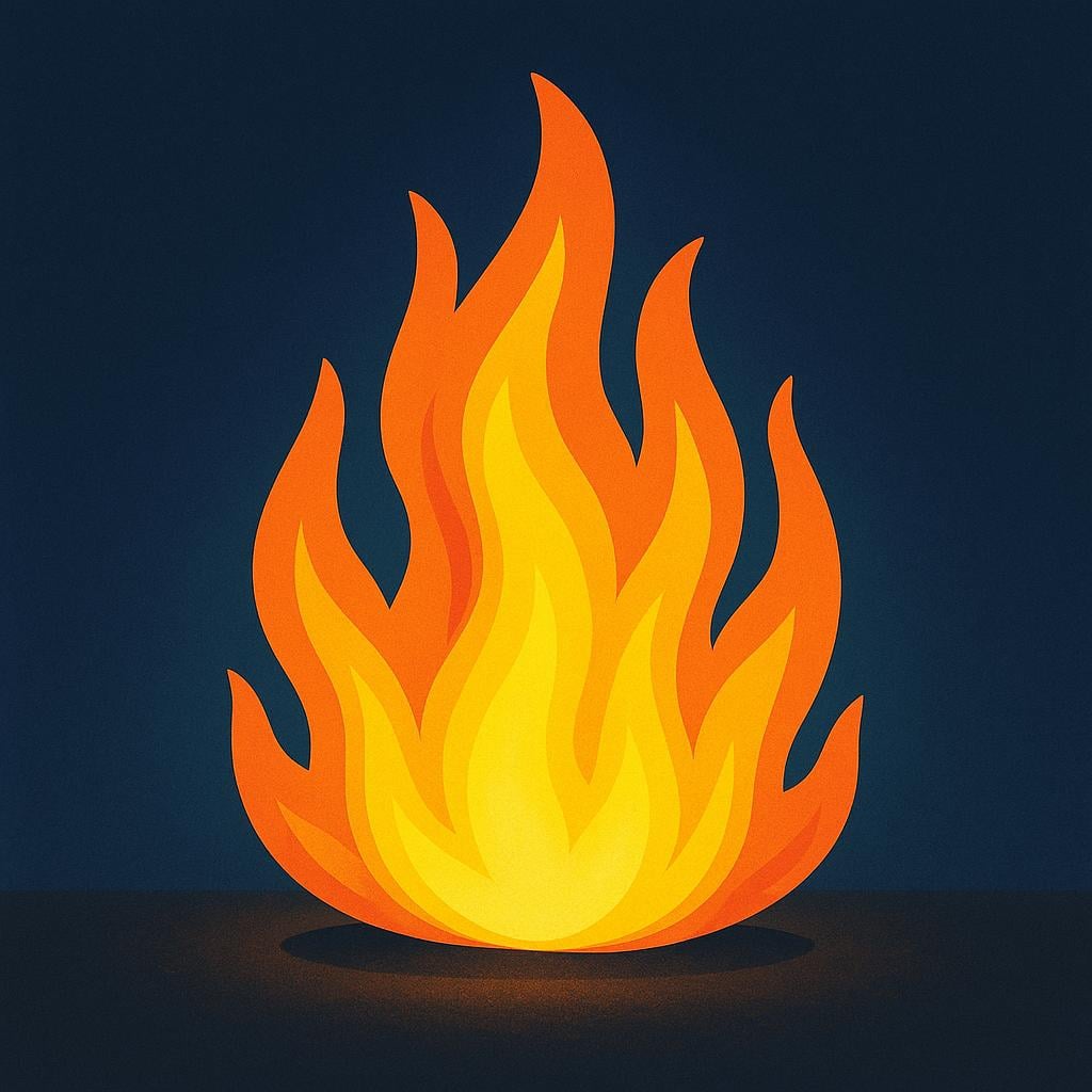 Un grappolo di fiamme alte, intense, di colore arancione brillante e giallo che si innalzano su uno sfondo scuro.