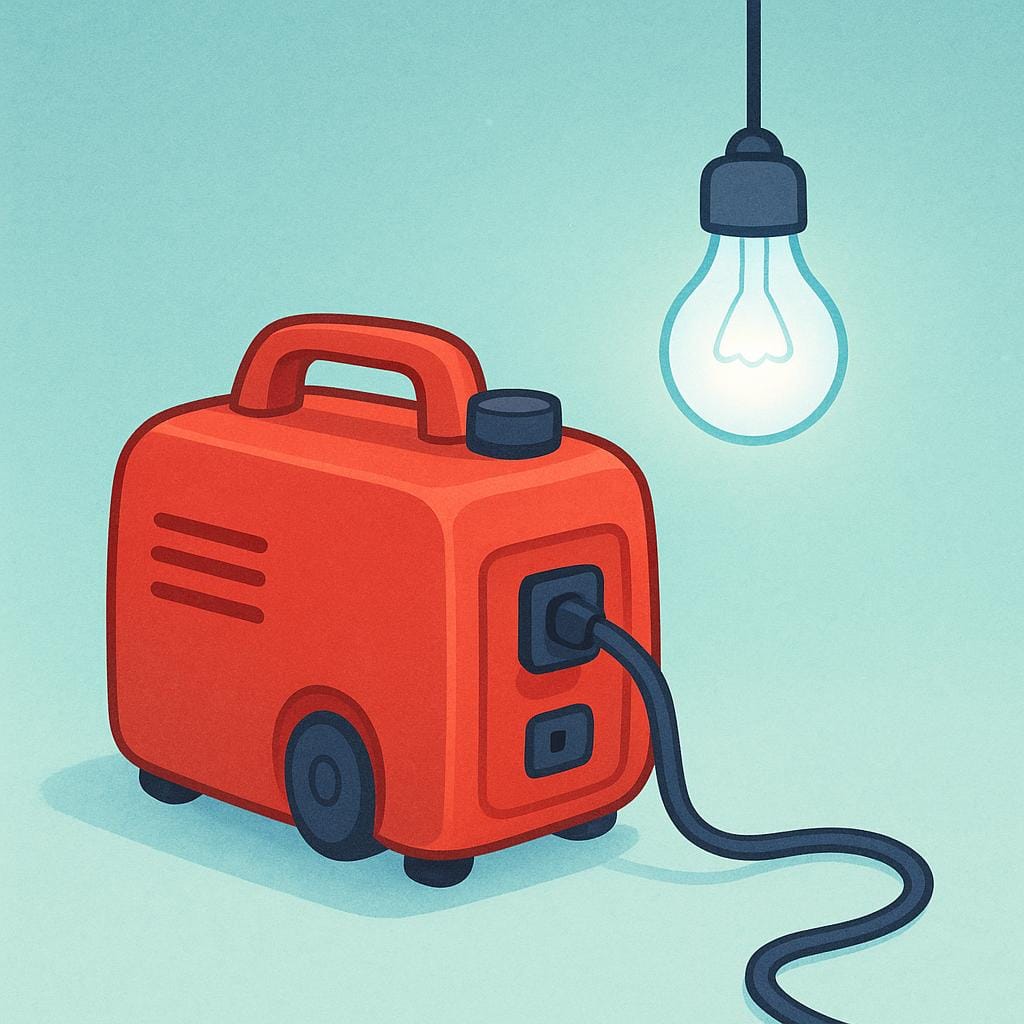 A simple, blocky electrical generator machine sitting on the ground, connected by a cord to a brightly glowing lightbulb, illustrating the production of energy.