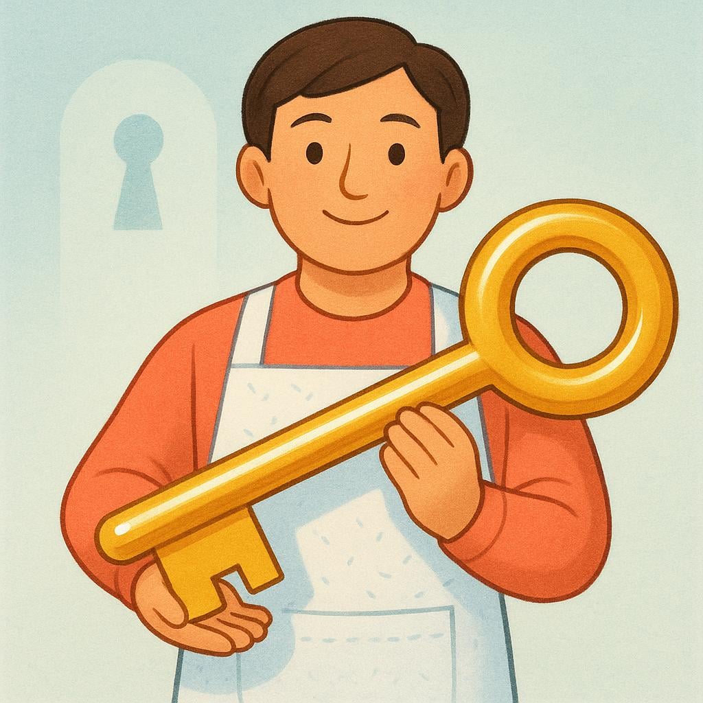 A friendly adult figure wearing an apron stands proudly holding a giant, clean, shiny golden key, symbolizing their accountability and responsibility.
