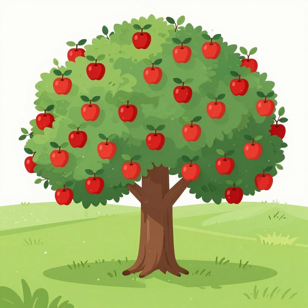 A lush, green apple tree overflowing with many ripe red apples in a sunny field.