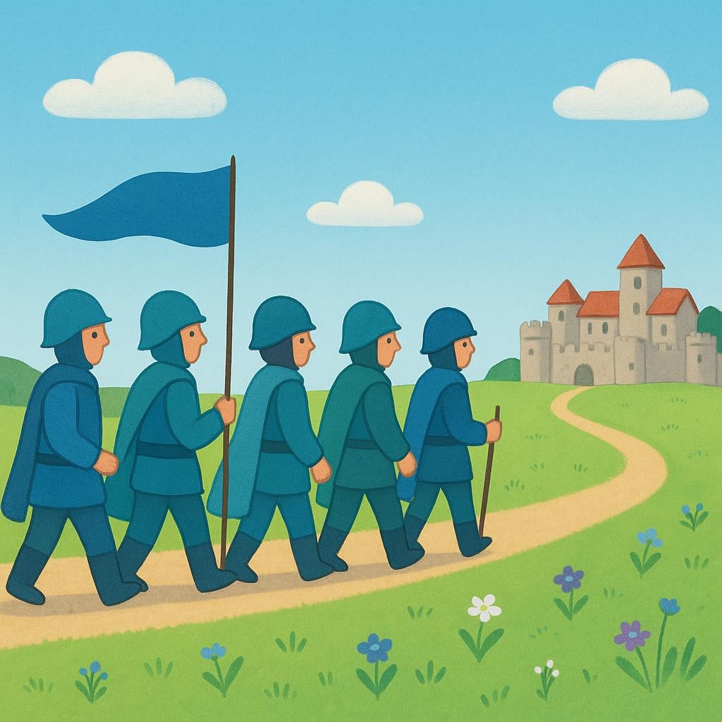 A storybook illustration showing a line of soldiers in simple uniforms marching across a green field towards a distant, walled city, symbolizing a military invasion.