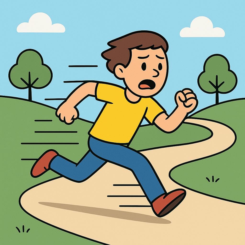 A high-speed cartoon character running extremely fast down a path with motion lines, showing a wide-eyed, stressed expression to convey urgency and hurry.