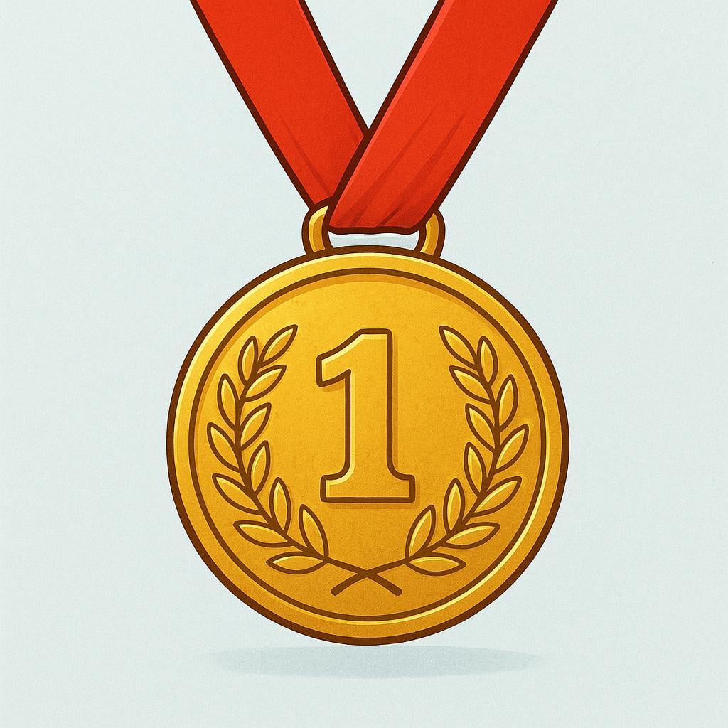 A brightly polished gold medal suspended from a red ribbon, symbolizing excellence and achievement.