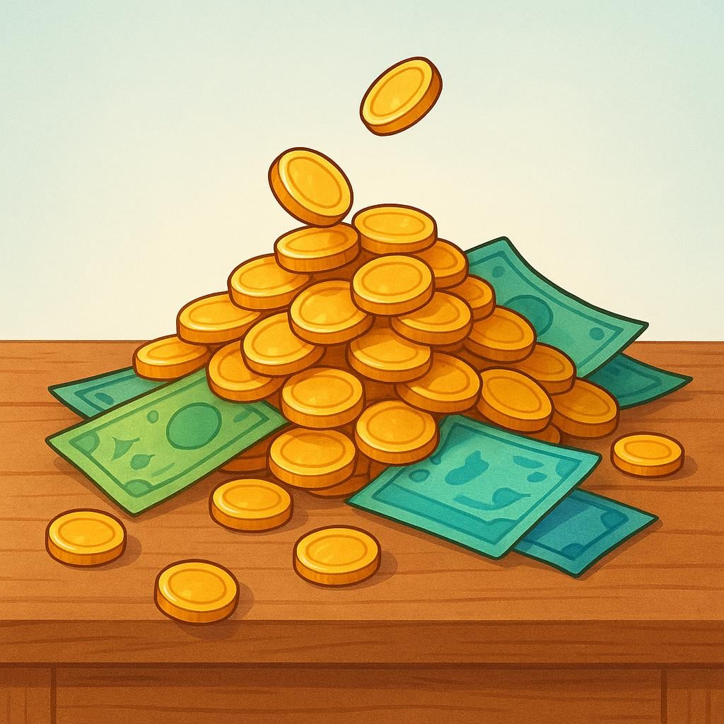 A neat pile of overflowing gold coins and paper currency sitting on a wooden table, clearly illustrating financial gain.