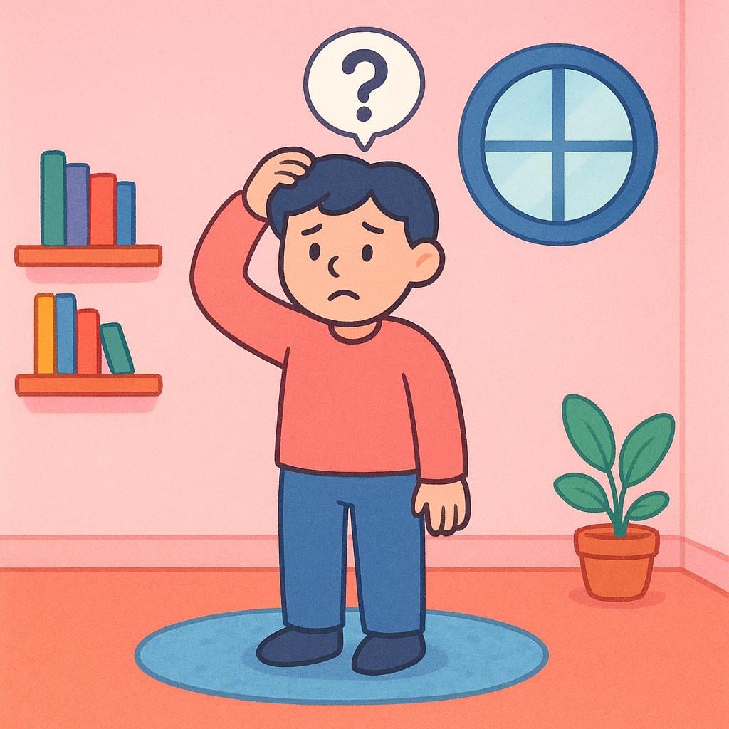A storybook illustration of a person scratching their head with a puzzled expression, indicating they are trying to remember something they forgot.