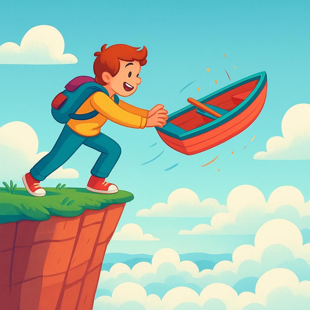 A cheerful figure standing on a high cliff edge, joyfully pushing a small, brightly colored rowboat into the open air above the clouds, symbolizing an impulsive and reckless decision.