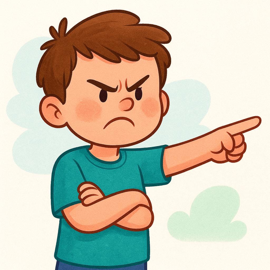 A person standing with their arms crossed and a severe frown, pointing emphatically to express strong dissatisfaction.