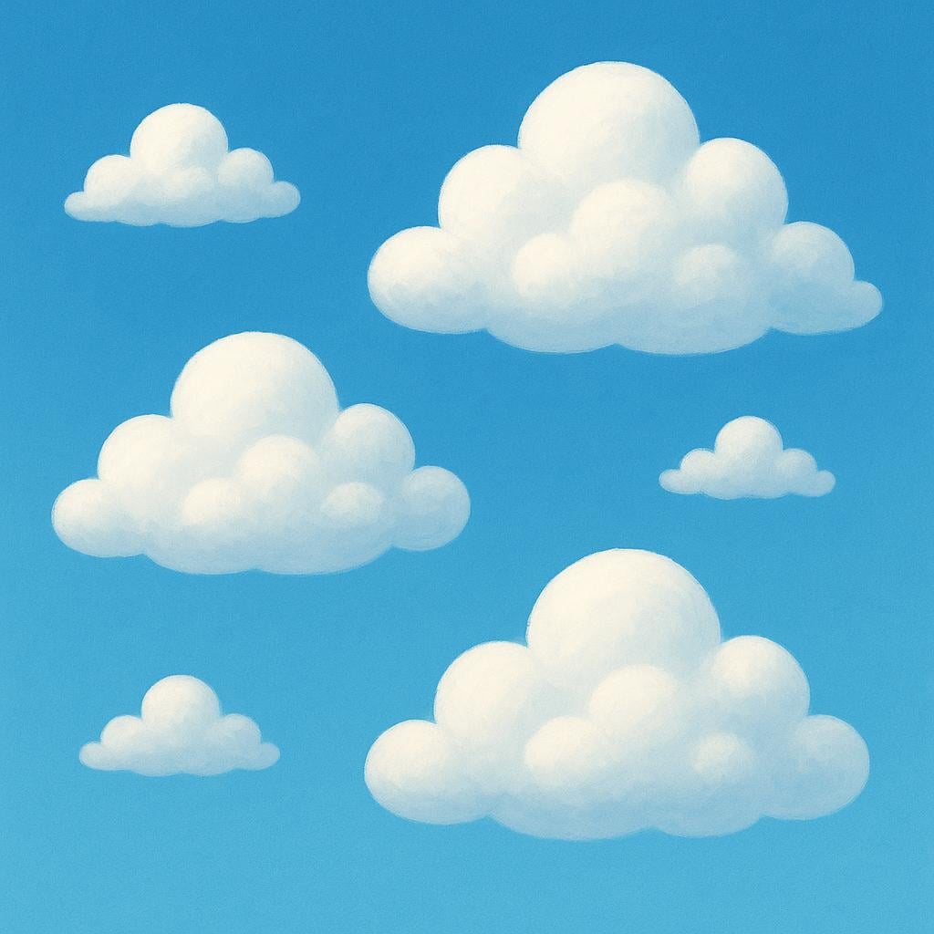 Several fluffy, white cumulus clouds are scattered across a vibrant blue sky.