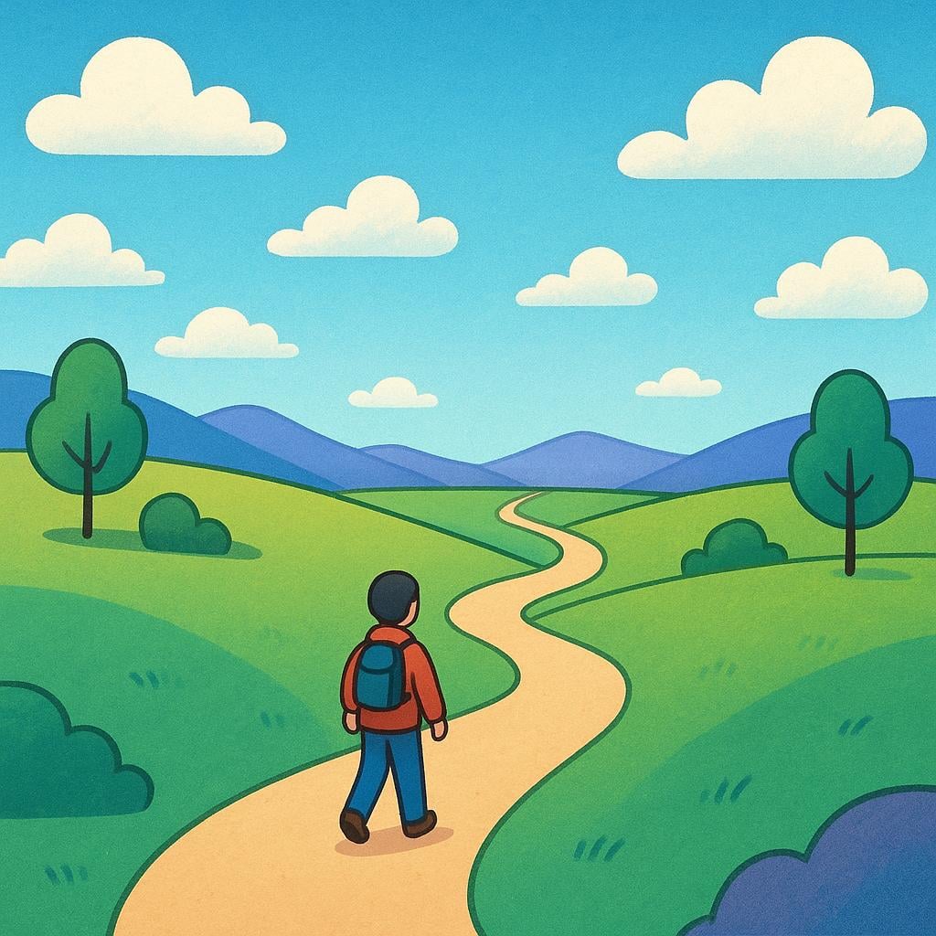 A lone small figure walking along a long, winding dirt road that stretches far into the distance through rolling green hills under a bright sky.