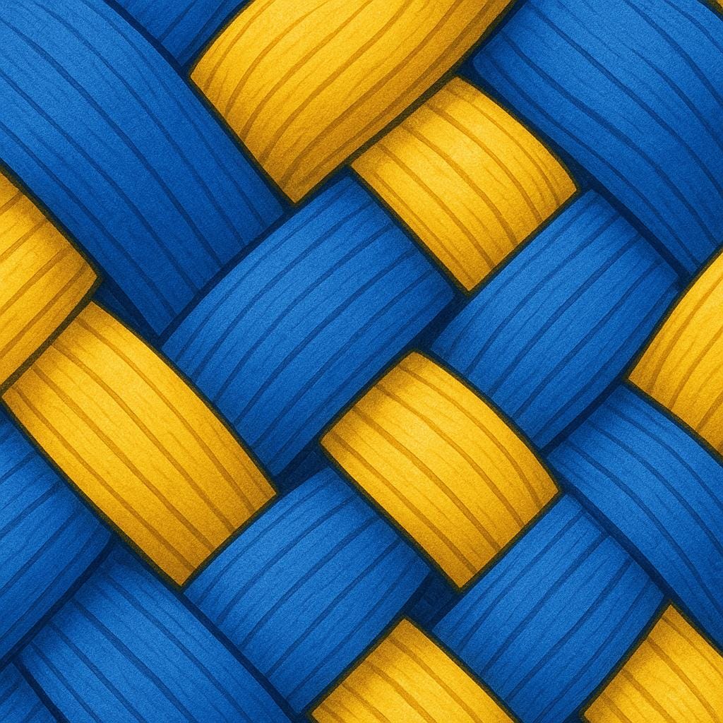 A close-up illustration showing thick blue and yellow threads tightly interlaced in a clear pattern, demonstrating the process of being woven.