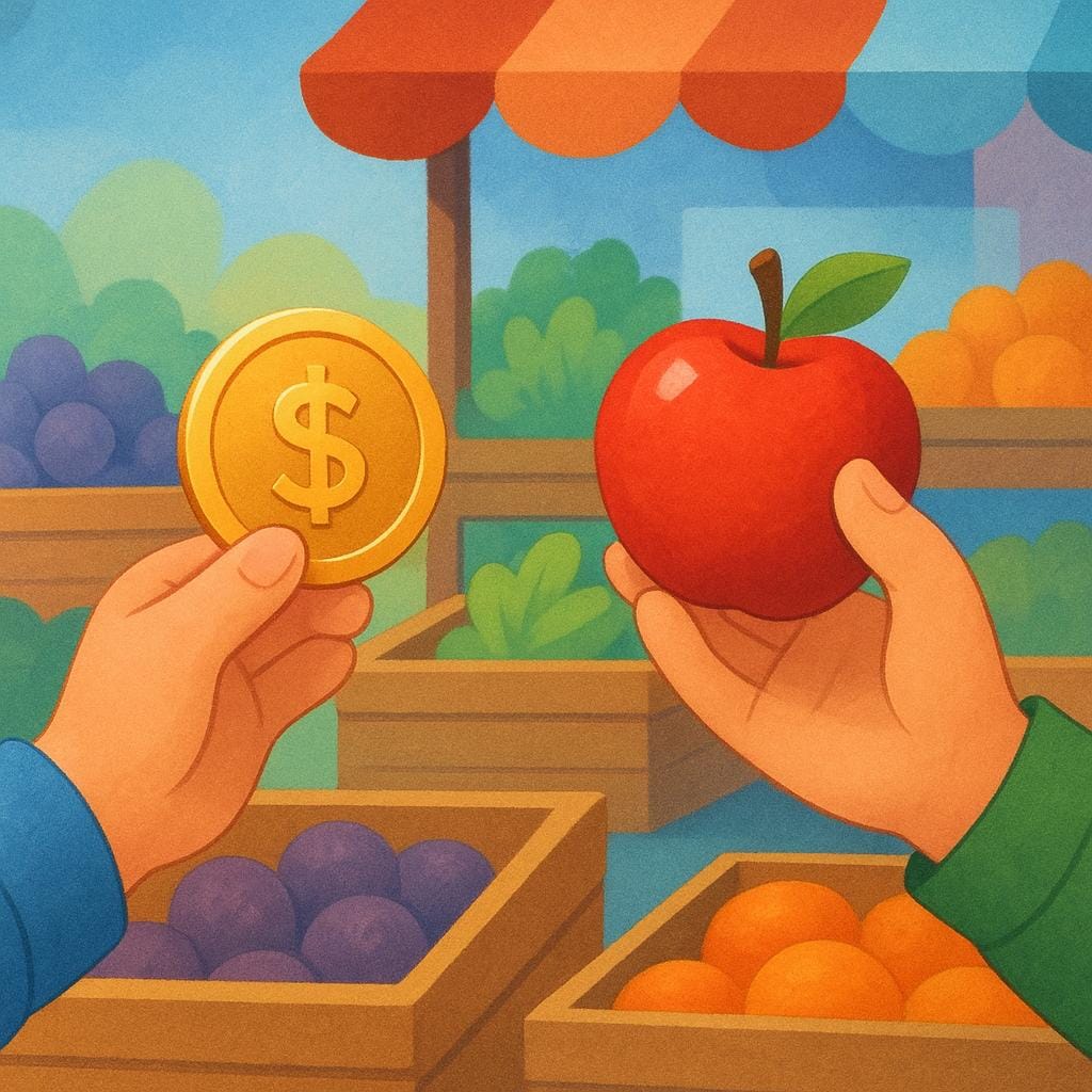 A close-up view of a financial transaction taking place at a simple market stall. A customer's hand is exchanging a large gold coin for a piece of fruit held by the vendor's hand, illustrating a sale.