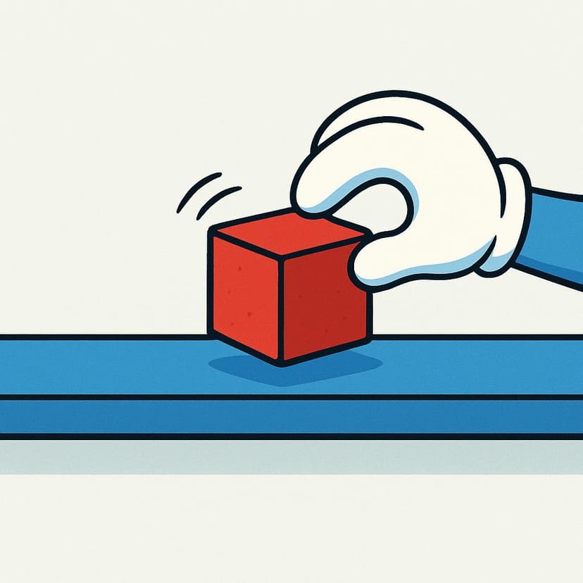 A cartoon hand is lifting a red block off a blue shelf, illustrating the action of removing an object.