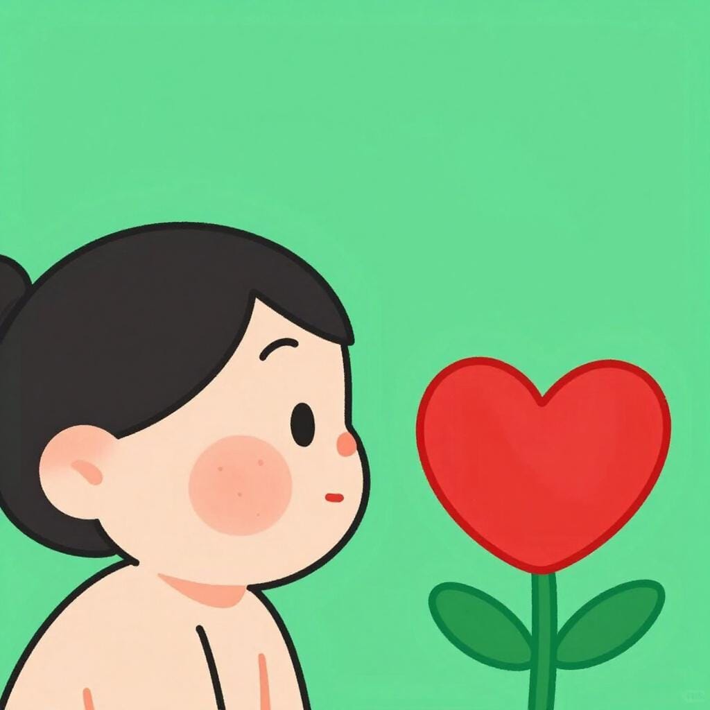 夢見るような表情でハート型の花を見つめる人。