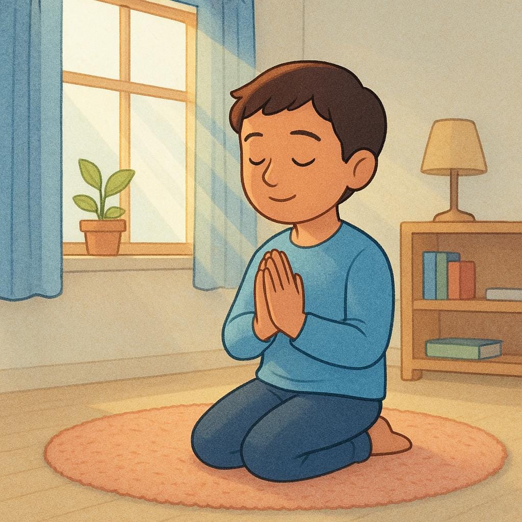 A person kneeling peacefully with hands pressed together in a quiet, sunlit space.