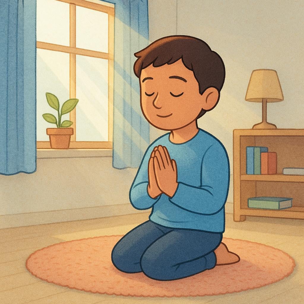 A person kneeling peacefully with hands pressed together in a quiet, sunlit space.