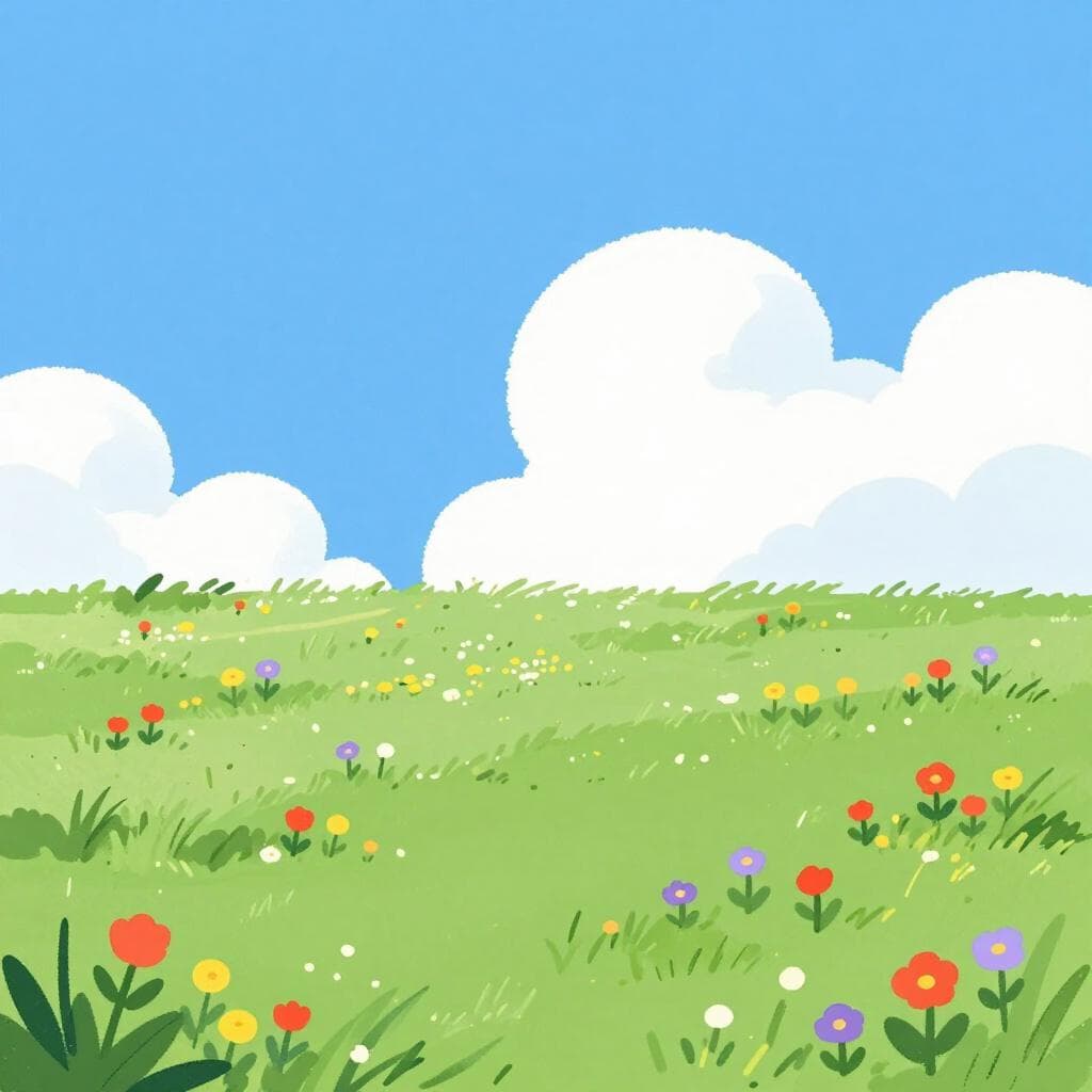 A vast, rolling green field filled with colorful wildflowers under a bright blue sky.