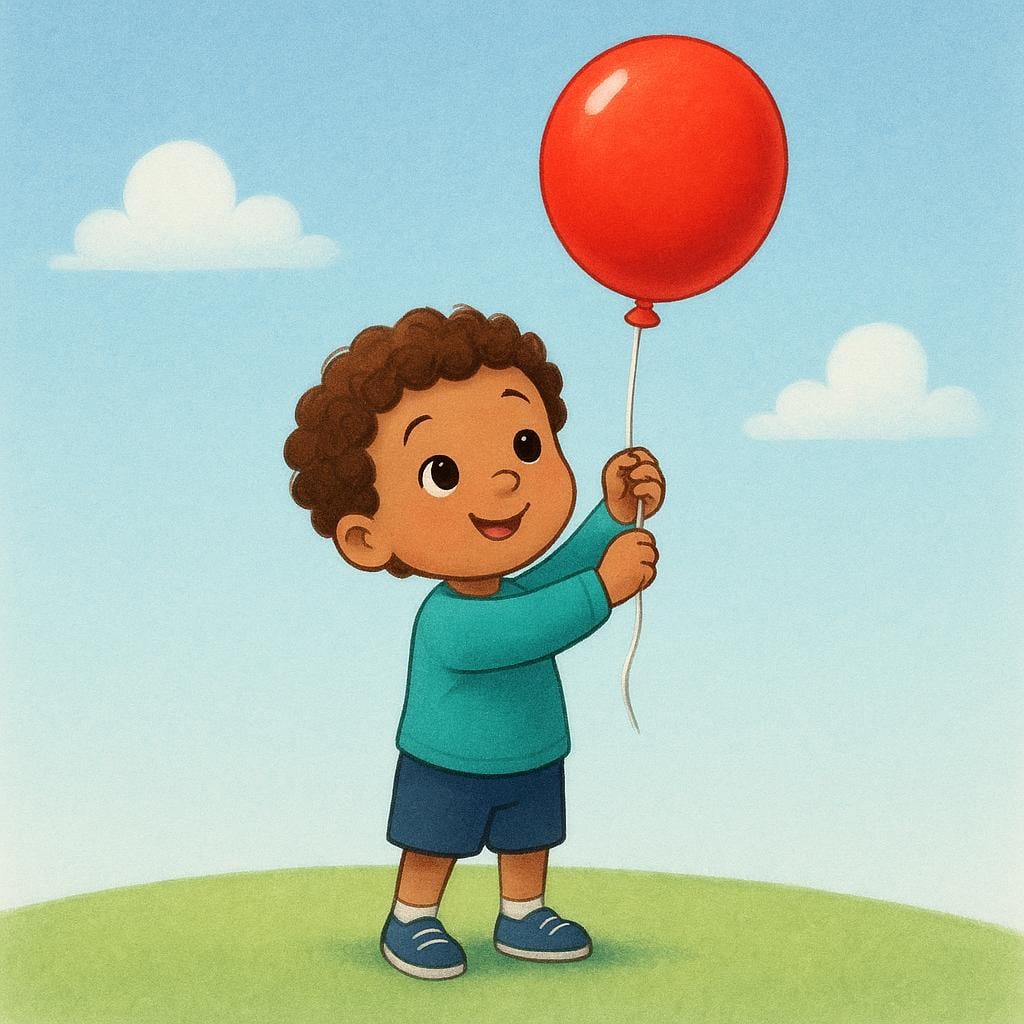 Uma criança sorridente segurando alegremente um balão vermelho vivo que acabou de pegar.