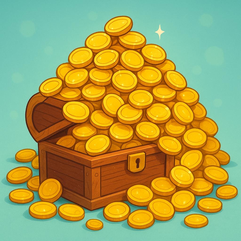 A small, open wooden treasure chest overflowing with a massive, impressive mound of bright gold coins, representing a considerable quantity.