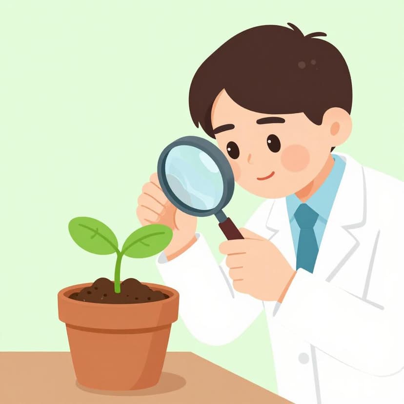 Uma cientista de jaleco olhando atentamente para uma planta verde através de uma lupa para verificar seu crescimento.