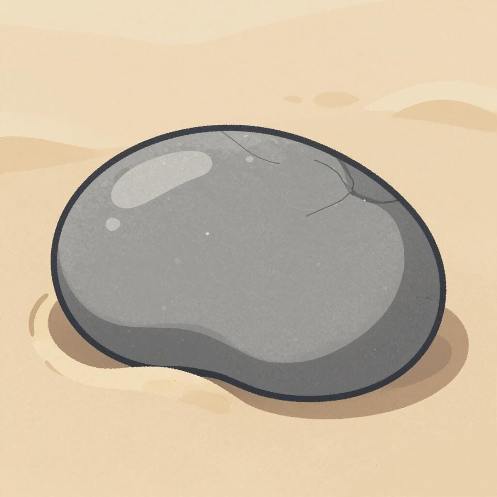 A smooth river stone with one side significantly thinned and rounded by water erosion.