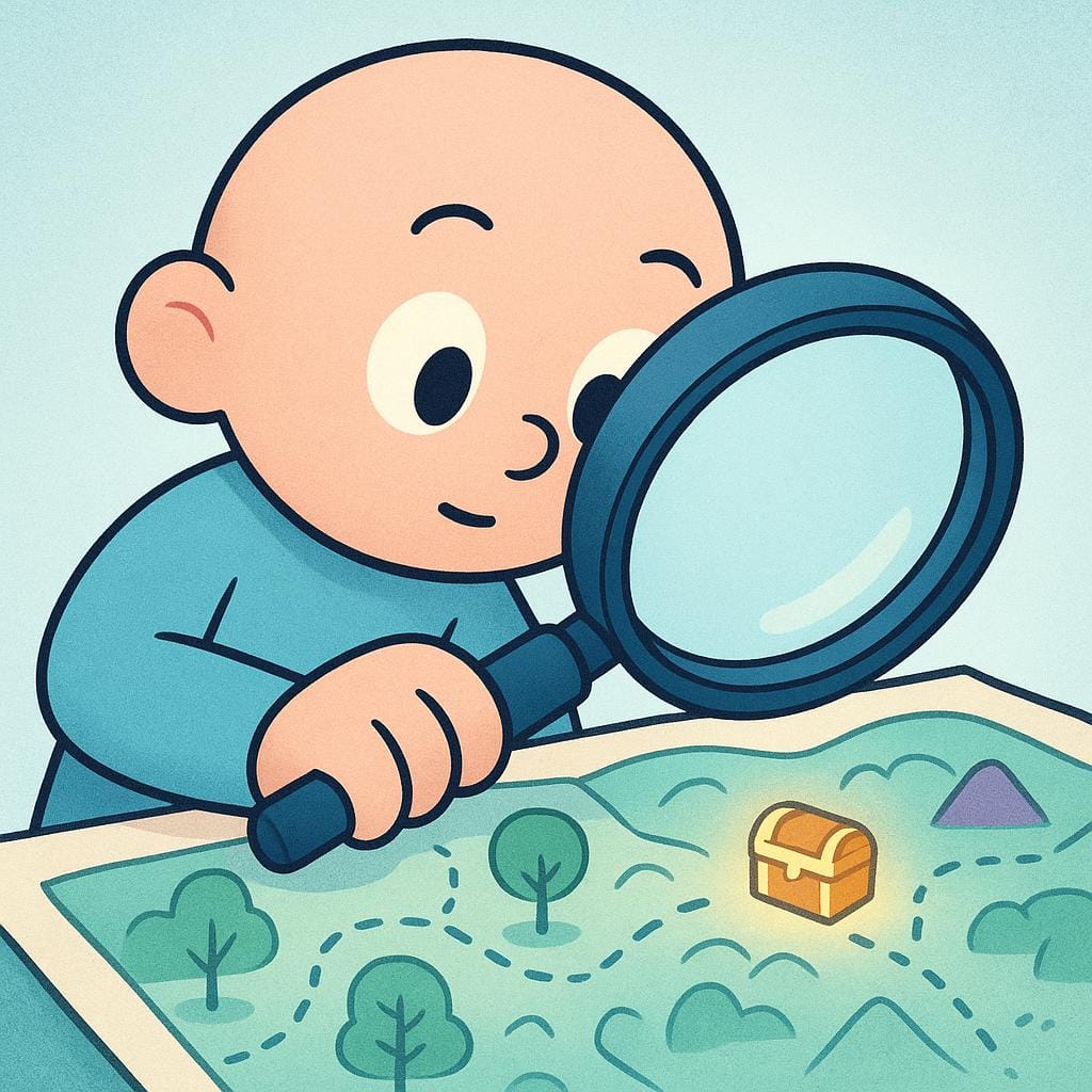 Un personaggio di un libro di fiabe semplificato che tiene una grande lente d'ingrandimento ed esamina attentamente un simbolo stilizzato sul pavimento, a simboleggiare la ricerca di informazioni.