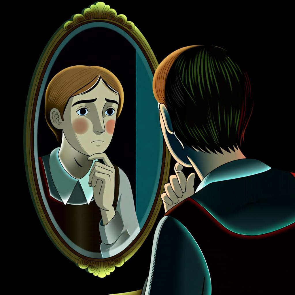 鏡に映る自分自身を見つめる人。自己言及を表している。