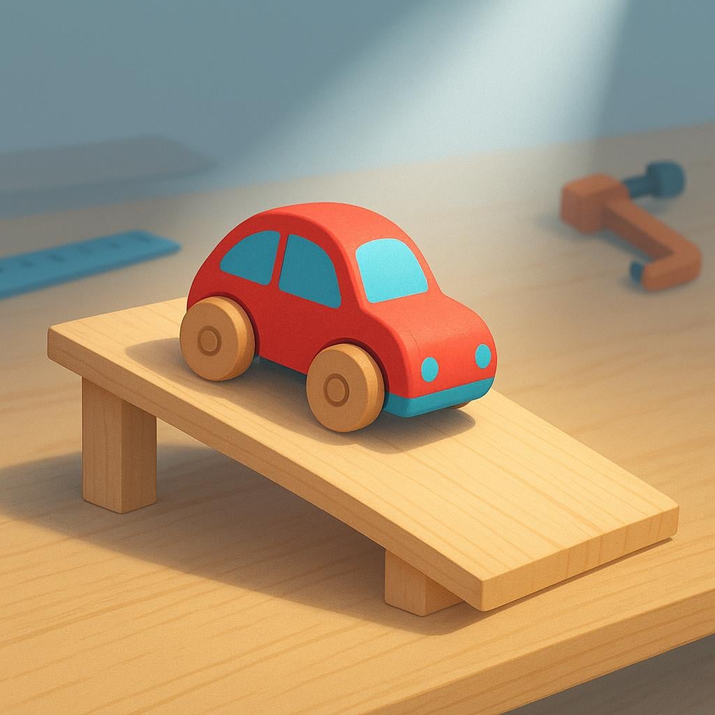 A storybook illustration of a simple wooden workbench where a small, brightly colored wooden toy car prototype is being tested by rolling it down a miniature wooden ramp.