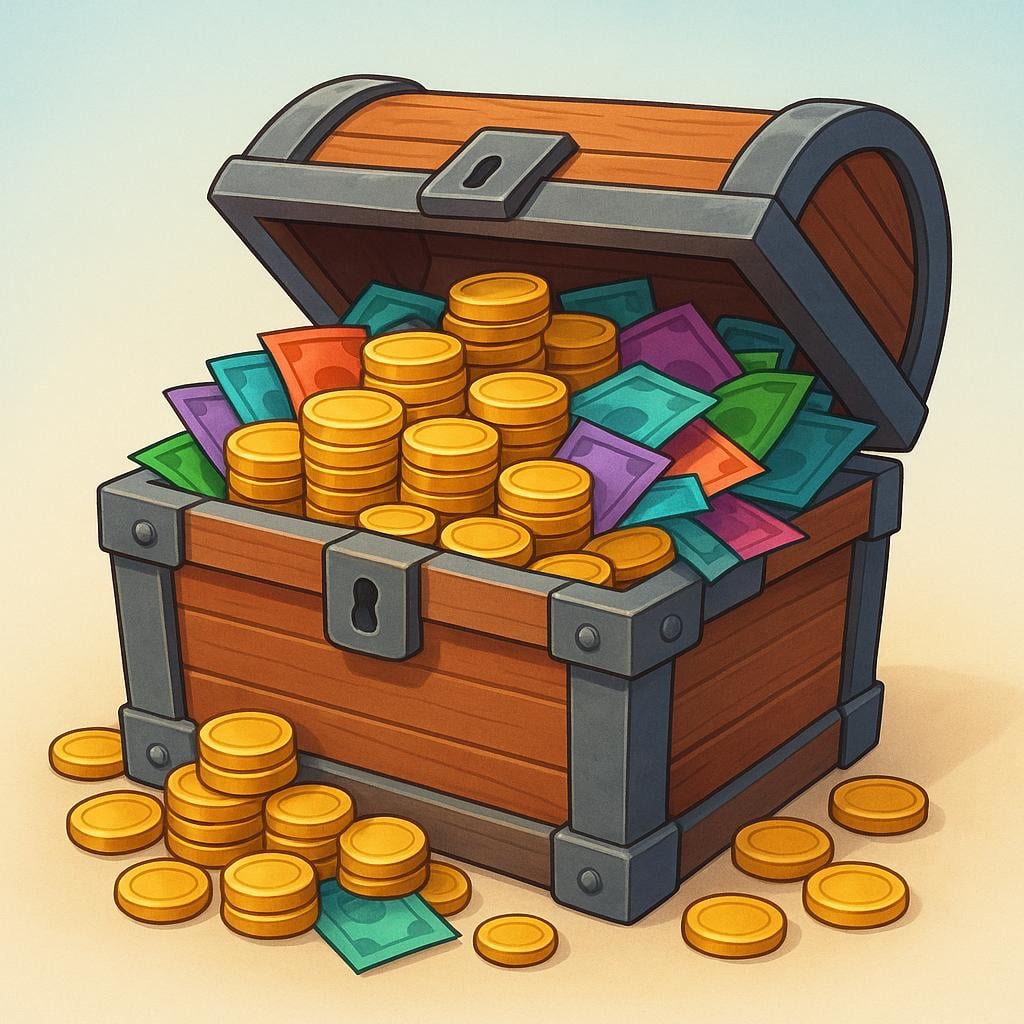 A massive, overflowing wooden chest filled to the brim with stacks of gold coins and colorful paper currency, symbolizing total revenue or high sales.