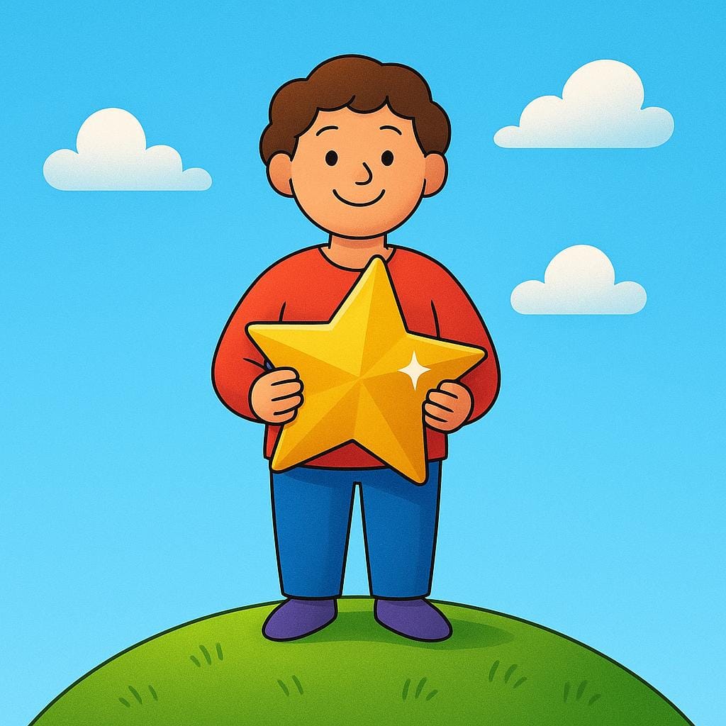 Une personne souriante debout sur une petite colline herbeuse, tenant fièrement une grande étoile dorée et brillante au-dessus de sa tête, symbolisant une acquisition ou une réussite future.
