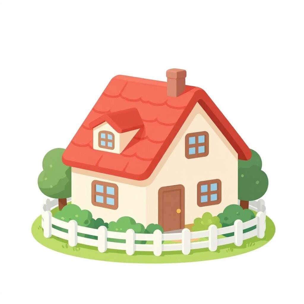 Een charmant huis met twee verdiepingen, een kleine tuin en een wit hek.