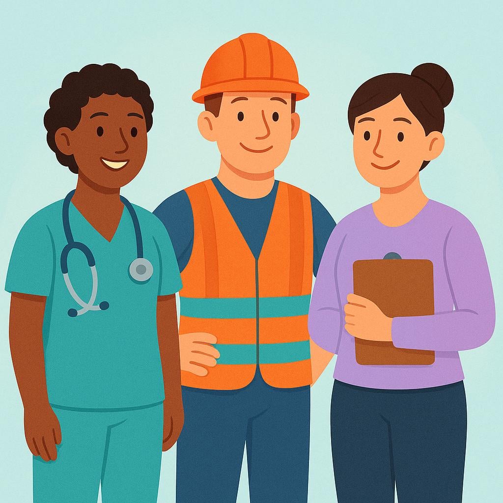 A storybook illustration showing three smiling adults: a doctor wearing a white coat and stethoscope, an engineer wearing a hard hat, and a business worker holding a clipboard, representing various professionals.