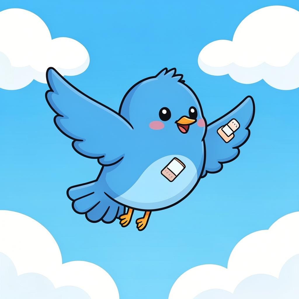 A small bird with a small bandage on its wing, looking healthy and flying toward a bright sun.