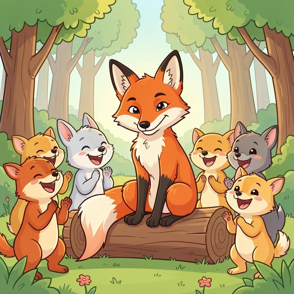 A friendly fox with a clever smile telling a joke to a group of laughing forest animals.