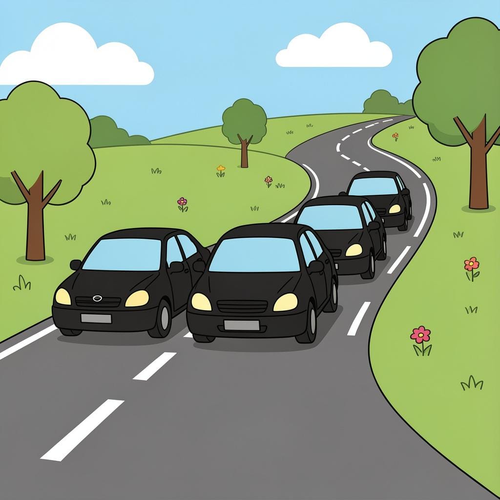 A motorcade of several black vehicles driving together in a line on a road.