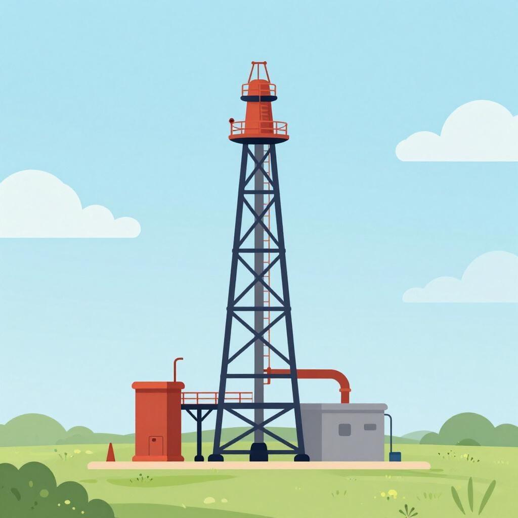 Uma grande torre de petróleo industrial numa paisagem desértica.