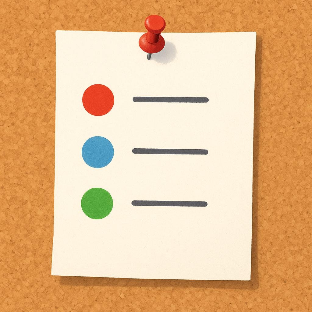 A sheet of paper pinned to a cork board, displaying three distinct bullet points, representing a short list of topics for a meeting.