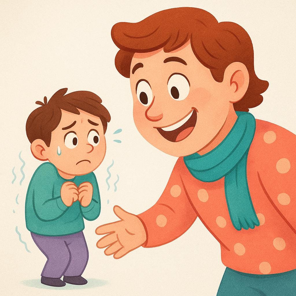 A storybook illustration depicting a scene where a character is leaning aggressively close to another character, who is visibly recoiling and uncomfortable, illustrating a lack of social boundaries.